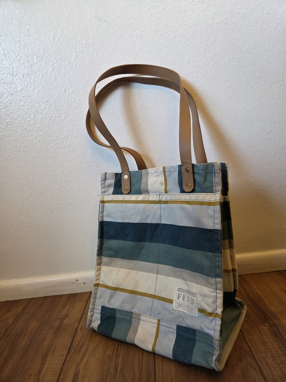 FEED Coastal Stripe Canvas Tote Bag with Tan Straps
